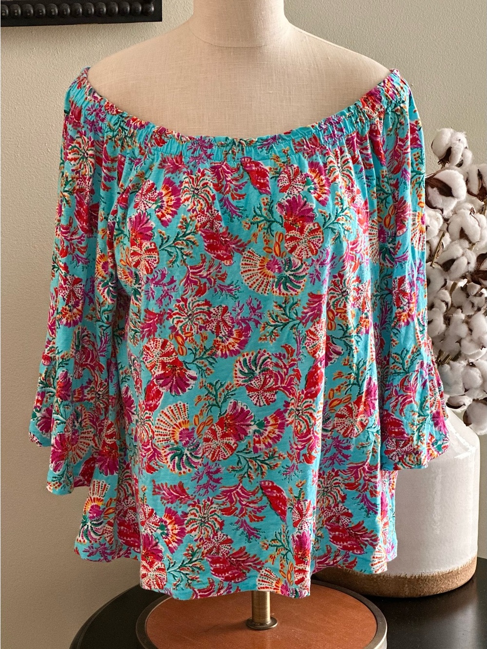 Stella Parker Off-Shoulder Floral Tunic Top bell sleeves in Teal and Pink -XL